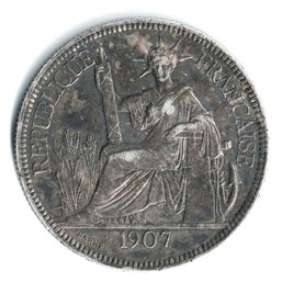 1907 A Indo-Chine Francaise/ French Indo China Piastre De Commerce .900 Silver Coin Km#5a.1