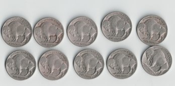 Lot Of 10 Dated Buffalo Nickels 5 Cent Pieces Dates 1925, 1930, 1935, 1936, 1937
