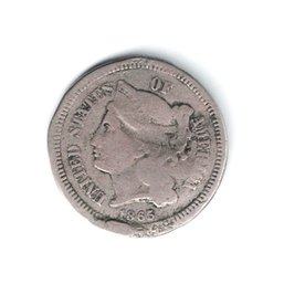 1865 Three Cent Nickel American Coin Damaged