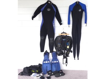 Premium Scuba Diving Gear Lot - SeaQuest Balance BCD, Aqua Lung Wetsuit, Scubapro Twin Jet Fins & Accessories