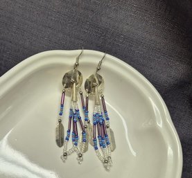 Handmade Navajo Style Sterling Silver & Traditional Beaded Fringe Earrings