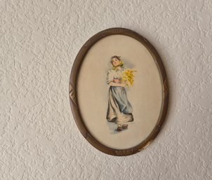Antique Art Print Depicting A Young Woman As A 'flower Girl' Or 'peasant Maiden' In Oval Frame