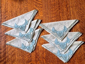 (6) Vintage Embroidered Irish Linen Handkerchiefs ~ Blue Lace Trim & Heart-shaped Detailing