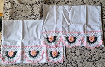 Pair Of Vintage Hand-crocheted Floral Edged Pillowcases