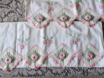 Pair Of Vintage Hand-crocheted Floral Edged Pillowcases