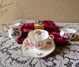 Vintage Tea Set With Stainless Steel Loose-leaf Tea Infuser ~ Damask Burgundy Napkins