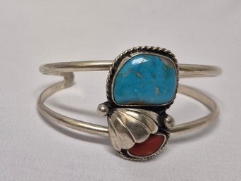 Vintage Navajo Sterling Silver, Turquoise & Coral Stones Cuff Bracelet