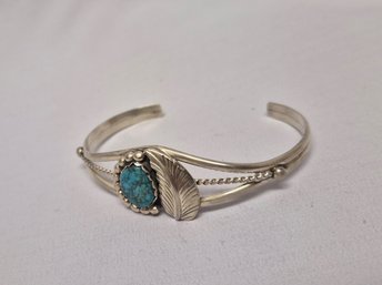 Navajo-style Handmade Sterling Silver Cuff Bracelet ~turquoise & Feather Design