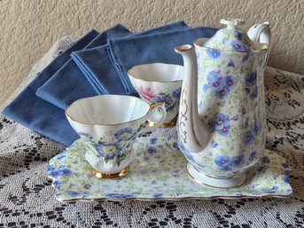 Vintage Royal Albert Blue Pansy Chintz Teapot & Serving Tray ~ Teacups 'Sweet Pea' & ' Morning Glory'