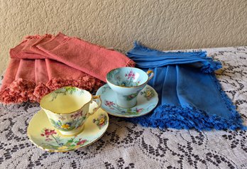 Beautifully Hand Painted Ansley Teacups & Saucers ~ Retro Style Linens Blue & Rose Colored Napkins