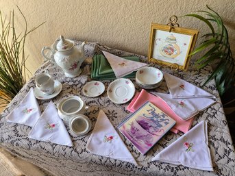 Vintage Wawel Polish Tea Set ~teapot, Creamer, Lidded Sugar Bowl, Saucers, & Small Bowls ~ Embroidered Napkins
