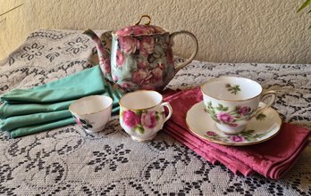 Vintage Victorian Rose Themed Tea Set With Mint Linen & Deep Pink Damask Napkins