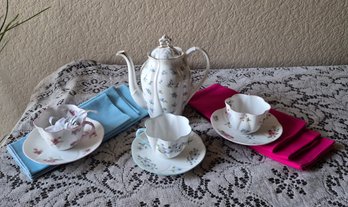 Vintage Royal Albert 'Blue Heaven' Teapot With Floral Shelley Teacups & Saucers ~ Blue & Pink Linen Napkins