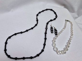Art Deco Era Necklaces & Earring Set (posts Silver) ~ 'French Jet' & Faceted Clear Crystals