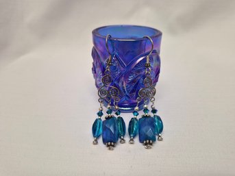 Vintage Fenton Cobalt Blue Carnival Glass Toothpick Holder & Sterling Wirework Blue Crystal Earrings