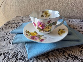 Vintage Shelley England Fine Bone China Teacup & Saucer 'Begonia' Floral Pattern With Blue Linen Napkins