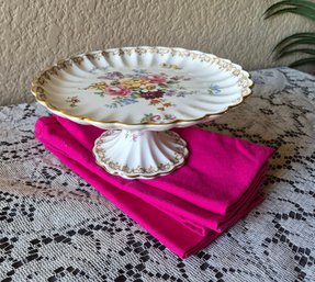 Vintage Crown Staffordshire Fine Bone China Pedestal Cake Plate 'England's Bouquet' & Pink Linen Napkins