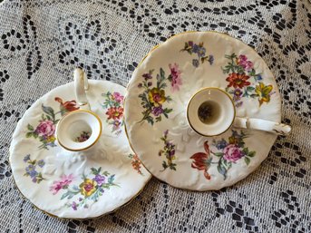 (2) Vintage Mixed Flowers Bone China 'Chamber Candlesticks' Made By Oakley China Ltd In England