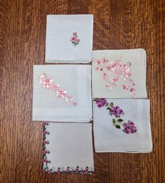 (5) Vintage Embroidered And Lace-trimmed Handkerchiefs, Linen Or Cotton