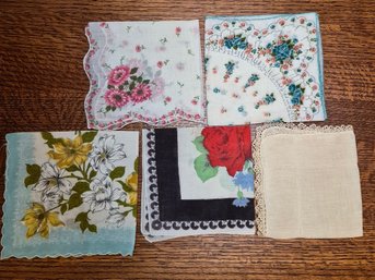 (5) Vintage Embroidered And Lace-trimmed Handkerchiefs, Linen Or Cotton