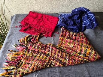 3 Assorted Fashion Scarves Lot: Chunky Knit Wool-Blend Fringed, Red Pashmina, Blue Shibori