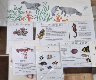 Lot Of 7 Vintage L.A. Stencilworks Ocean Marine Life Wall Stencil Kits, Manatee & Lobster