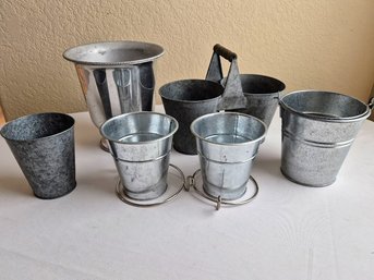 Rustic Galvanized Metal Buckets & Caddy Lot - Farmhouse Planters Decor (7 Pcs Total)