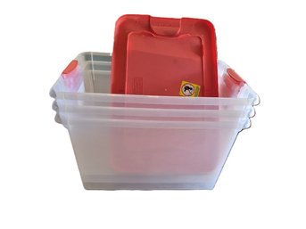 Set Of 3 Clear Plastic Latching Storage Bins With Hot Pink Lids & Handles