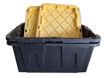 Pair Of Heavy-Duty Black Plastic Storage Totes With Yellow Snap-On Lids