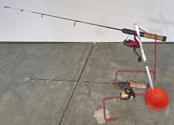 (2) Ice Fishing Rods, Metal Stands & Ice Scooper