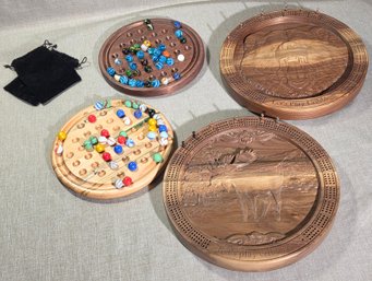 Handmade Wooden Game Board Lot, Wildlife Cribbage Boards & Marble Solitaire Sets