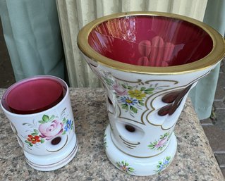 Bohemian Cut Glass Candle Holder And Vase