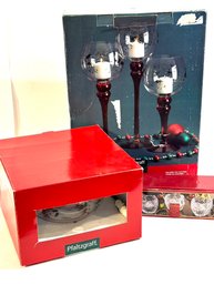 Pfaltzgraff Winterberry Serving Bowl, Tall Candleholders, Gorham Votives