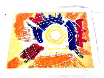 Vintage Abstract Painting Yellow, Blue, Orange Red  By Chezan