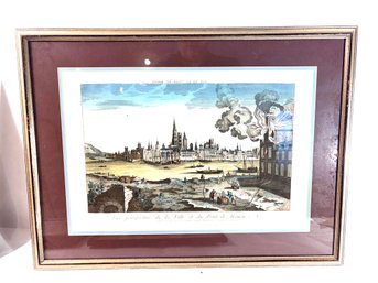 Vintage Framed Lithograph - City And The Bridge Of Rouen, Hand Colored