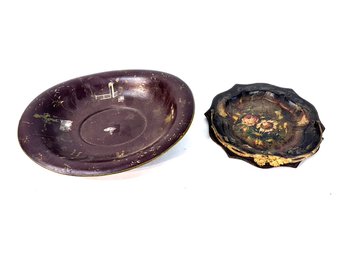 Antique  Lacquerware Handled Sweet Meat Plate And Bowl