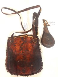 Antique Leather Hunting Pouch And Powder Flask