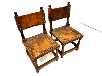 Antique Low Wood And Leather Chairs
