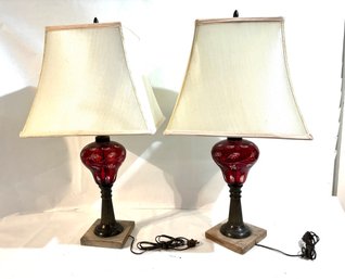 Antique Red Cranberry Etched Glass Lamps
