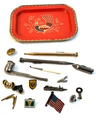 Vintage Gentleman's Tray With Pens, Tie Tacks, Pipe Etc