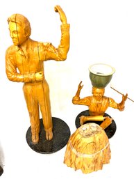 Vintage Hand Carved Wooden Planters With Marble Bases