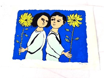 Vintage Painting - Two With Sunflowers  By Frank Kleinholz
