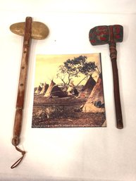 Vintage Native American War Clubs And Photo