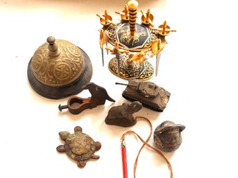 Antique Brass Bell And Vintage Metal Objects