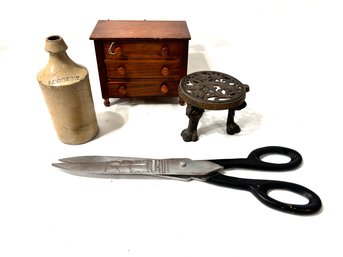 Vintage Mix Of Interest - Oversized Scissors, Iron Trivet, Jug And Small Chest Of Drawers