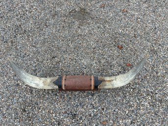 Vintage Huge Bull / Longhorn Horns With Tooled Leather