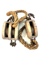 Vintage Block & Tackle Pulley With Rope