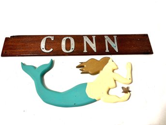 Vintage Ships Name Plaque And Wood Mermaid