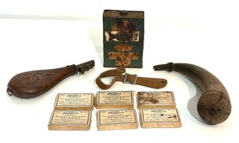Vintage Powder Horn, 4 Boxes Primers And Powder Flasks