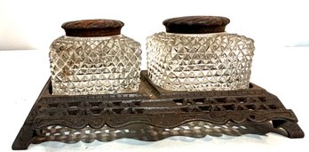 Desk Set. Iron Base W/2 Ink Wells. Glass Ink Wells With Swirl Caps